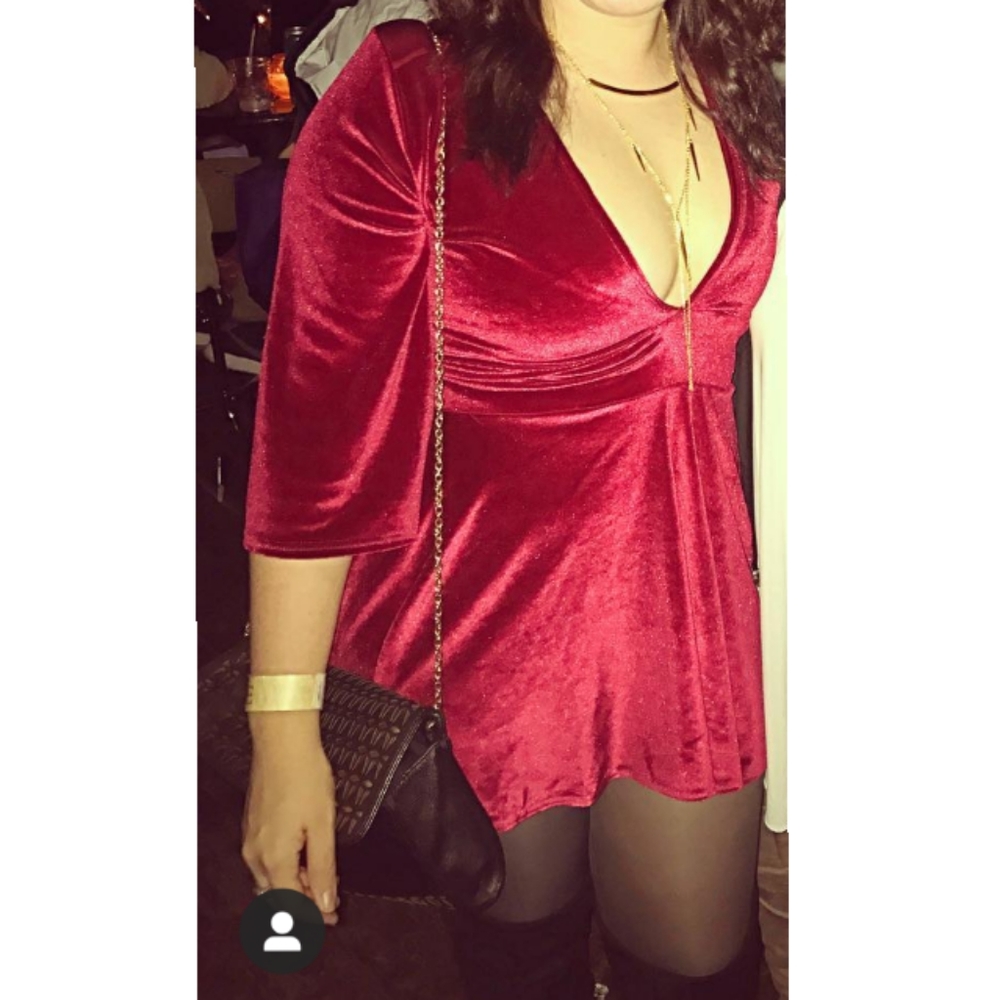 Red Velvet Deep V-Neck Dress (Boohoo)